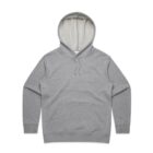 Gray hooded sweatshirt with front pocket and drawstrings, laid flat on a white background.