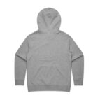 Back view of a plain gray hooded sweatshirt with long sleeves and no visible design.