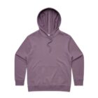 A plain lavender hoodie with a front pocket and drawstring hood, laid flat on a white background.