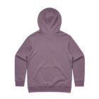 Back view of a plain purple hooded sweatshirt with long sleeves.