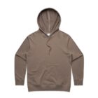A plain brown hooded sweatshirt with a front pocket, laid flat on a white background.