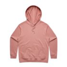 Light pink hooded sweatshirt with front pocket, laid flat on a white background.