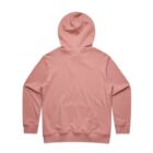 Pink hooded sweatshirt laid flat, viewed from the back against a white background.