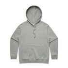 Light gray hooded sweatshirt with a front pocket and drawstrings on a white background.