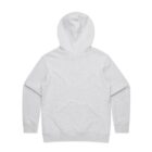 Back view of a plain light gray hooded sweatshirt with long sleeves.