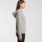 Woman in a gray hoodie and black pants standing in profile against a plain background.