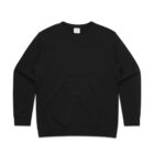 Plain black crewneck sweatshirt laid flat on a white background.