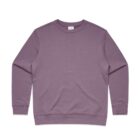 A plain, long-sleeve, purple crewneck sweatshirt laid flat on a white background.
