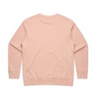 A plain light pink sweatshirt viewed from the back, laid flat on a white surface.