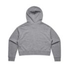 Back view of a plain gray hooded sweatshirt with long sleeves.