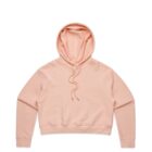 Light pink cropped hoodie with long sleeves and drawstrings, laid flat on a white background.