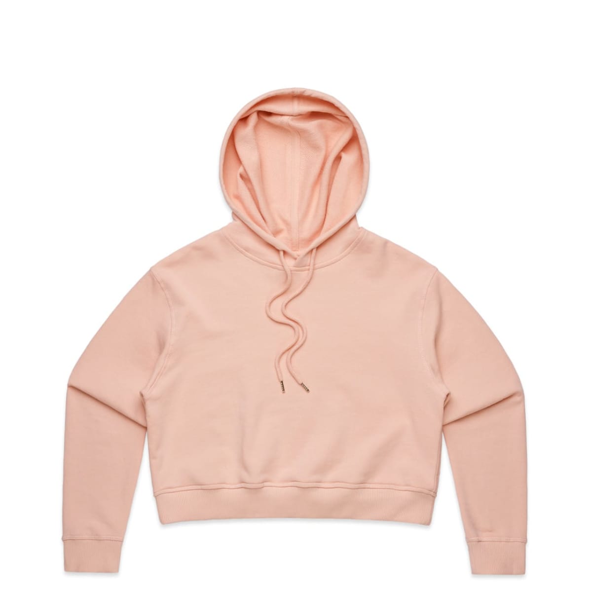 Light pink cropped hoodie with long sleeves and drawstrings, laid flat on a white background.
