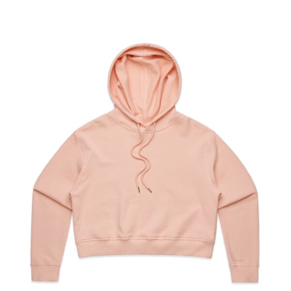 Light pink hooded sweatshirt with drawstrings, laid flat on a white background.