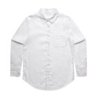 White long-sleeve button-up shirt with a front pocket, laid flat on a white background.