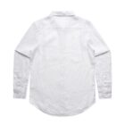 Back view of a long-sleeve white button-up shirt on a plain white background.