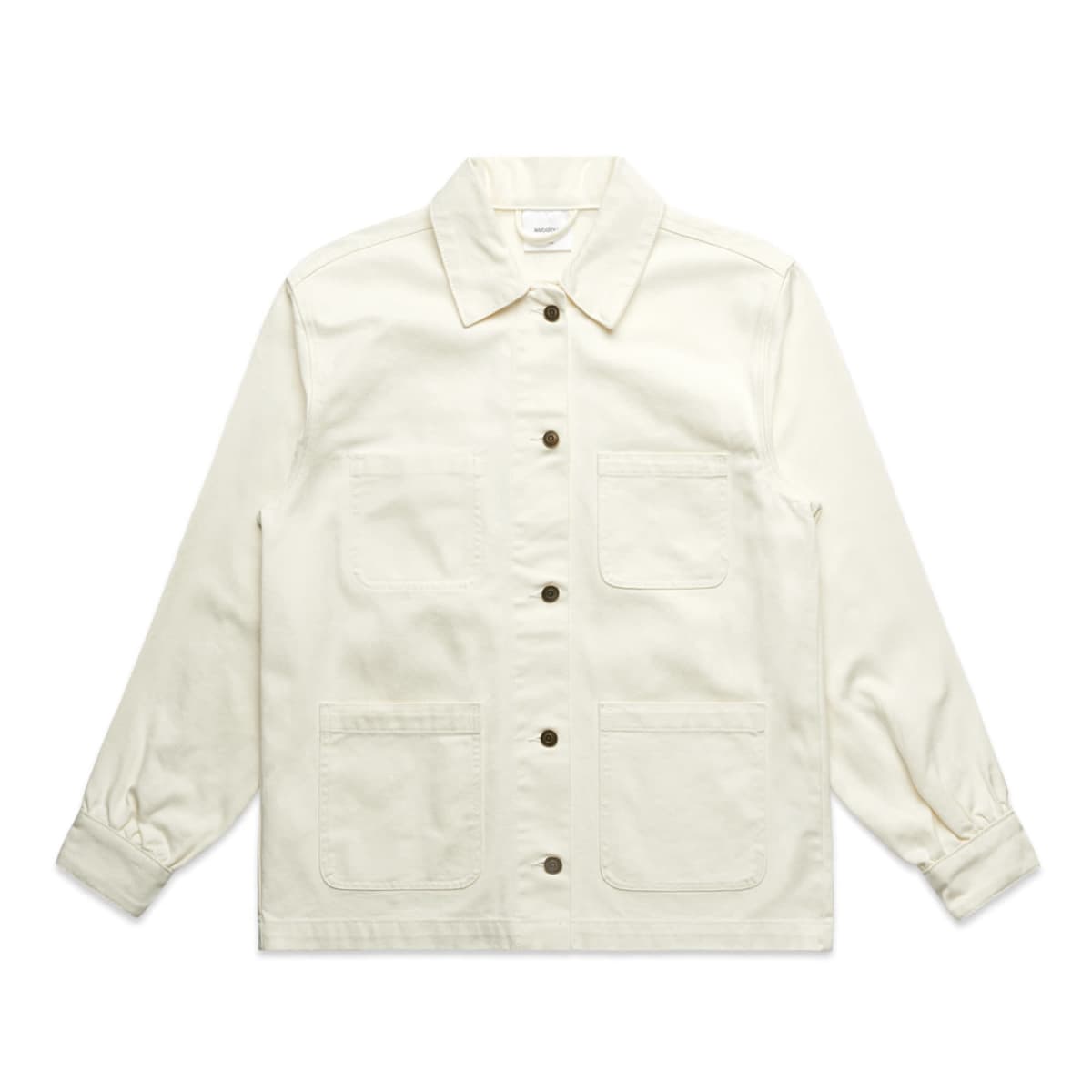Off-white button-up jacket with four front pockets, laid flat on a white background.