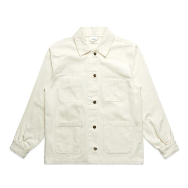 Cream-colored button-up jacket with four front pockets, laid flat on a white background.