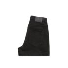 Folded pair of black jeans showing back pocket and waistband patch on white background.