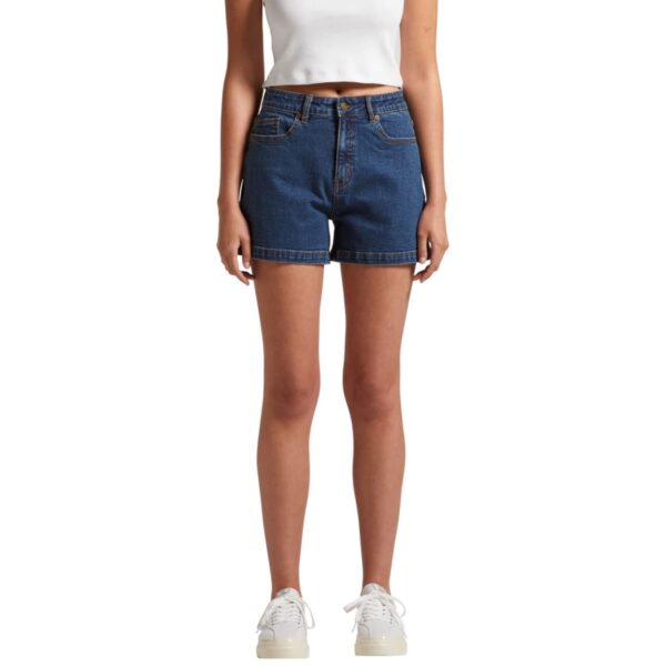 Person wearing a white crop top, blue denim shorts, and white sneakers, standing front facing.