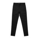 Black slim-fit pants laid flat on a white background.