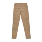 Back view of tan chinos with welt pockets, displayed on a white background.