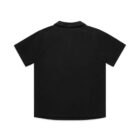 Back view of a short-sleeve, collared black shirt against a white background.