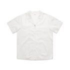 Short-sleeve white button-up shirt with a notched collar, laid flat on a white background.