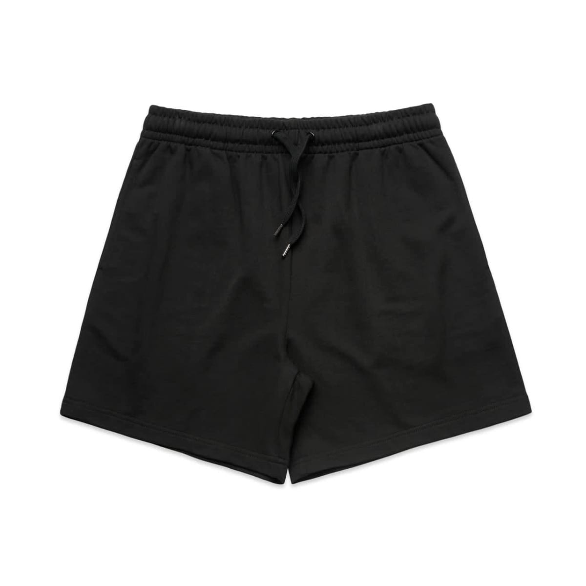 Black athletic shorts with an elastic waistband and drawstring, laid flat on a white background.