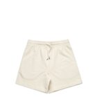 Cream-colored drawstring shorts with an elastic waistband, laid flat on a white background.