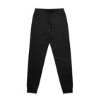 Black jogger sweatpants with a drawstring waistband, laid flat on a white background.