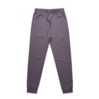 Purple jogger sweatpants with drawstring waistband and ankle cuffs, laid flat on white background.