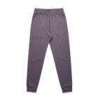 Purple jogger sweatpants with an elastic waistband and ankle cuffs, laid flat on a white background.