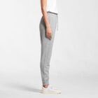Person standing sideways wearing gray sweatpants, white t-shirt, and white sneakers.