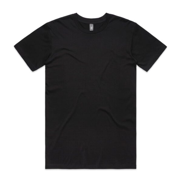 Plain black short-sleeve t-shirt laid flat on a white background.