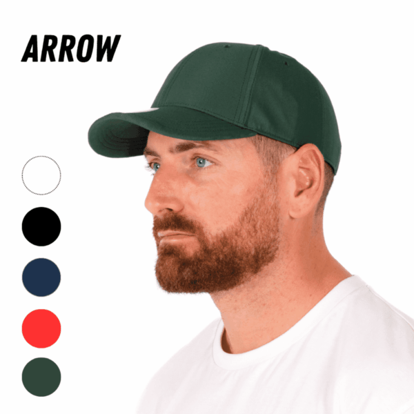 Man wearing an Arrow Logo Cap in green and white shirt, plus four other cap color options shown.