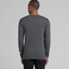 Man wearing a long-sleeve gray shirt, photographed from the back against a plain background.