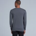 Man wearing a gray long-sleeve shirt and black pants, shown from the back.