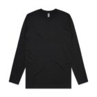 Plain black long-sleeve crew neck t-shirt laid flat on a white background.