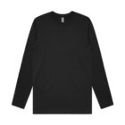 Black long sleeve crew neck t-shirt laid flat on a white background.