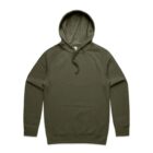 Olive green hooded sweatshirt with a front pocket and drawstrings, laid flat.