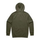 Back view of a plain olive green hooded sweatshirt with long sleeves.