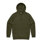 Olive green hooded sweatshirt with front pocket and drawstrings, laid flat on a white background.