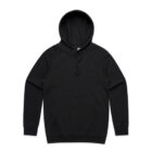 Black hooded sweatshirt with front pocket, long sleeves, and drawstring hood.