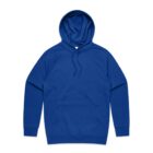 A plain blue hooded sweatshirt with a front pocket, laid flat on a white background.