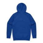 Back view of a plain blue hooded sweatshirt with long sleeves.