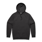 Black hooded sweatshirt with front pocket and drawstrings, laid flat on a white background.