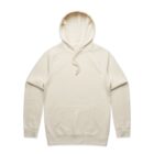 Beige hooded sweatshirt with front pocket and drawstrings, laid flat on a white background.