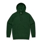 Dark green hooded sweatshirt with front pocket and drawstrings, laid flat on a white background.