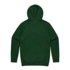 Back view of a plain dark green hooded sweatshirt with long sleeves.