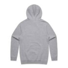 Back view of a plain gray hooded sweatshirt with long sleeves and no visible design.